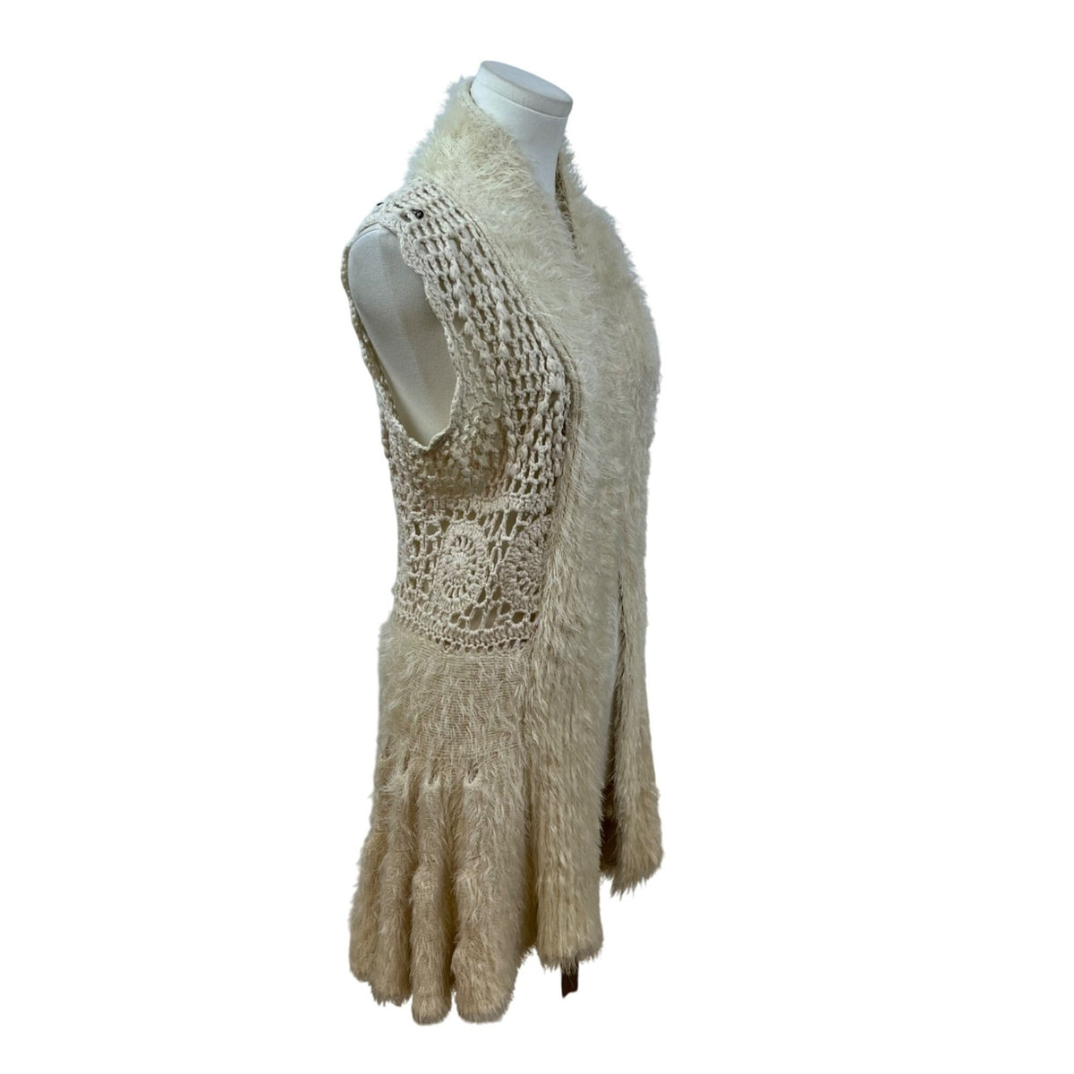 Soho Chick Womens Beige Crochet Knit Shawl Collar Vest Medium Acrylic Open Front
