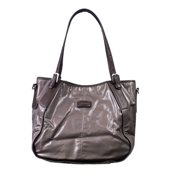 Tods Women’s Gray Patent & Brown Double Strap Signature Logo Accent Tote Bag