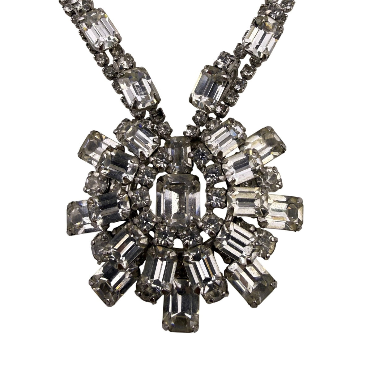 Vintage Womens Silver Tone Rhinestone Statement Necklace Starburst Pendant Adjus