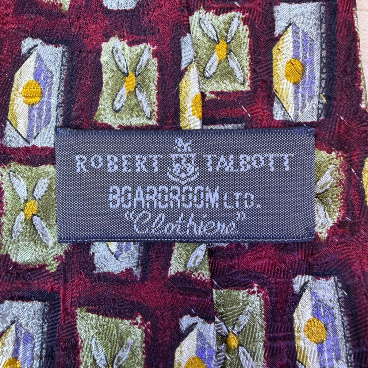 Robert Talbott Mens Burgundy Silk Floral & Geometric Print Tie Hand-Sewn USA