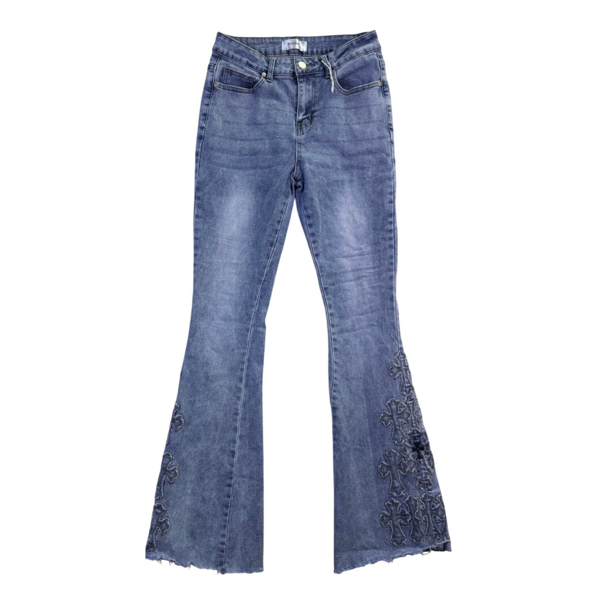 Bamboo Womens Blue Denim Embroidered Flare Jeans Raw Hem Size 7/28