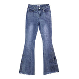 Bamboo Womens Blue Denim Embroidered Flare Jeans Raw Hem Size 7/28