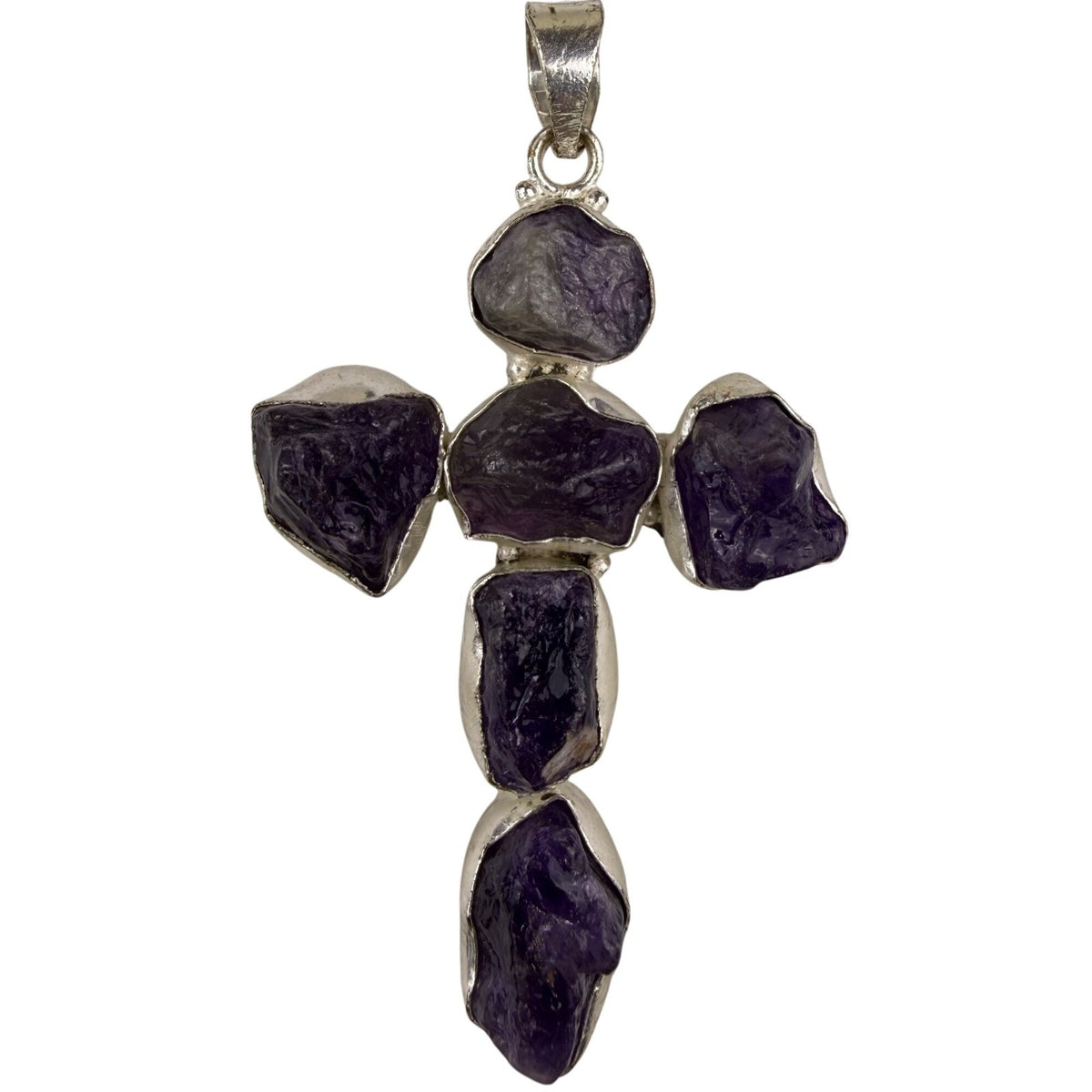 Amethyst & Silver Tone Unisex Purple Stone Cross Pendant Jewelry