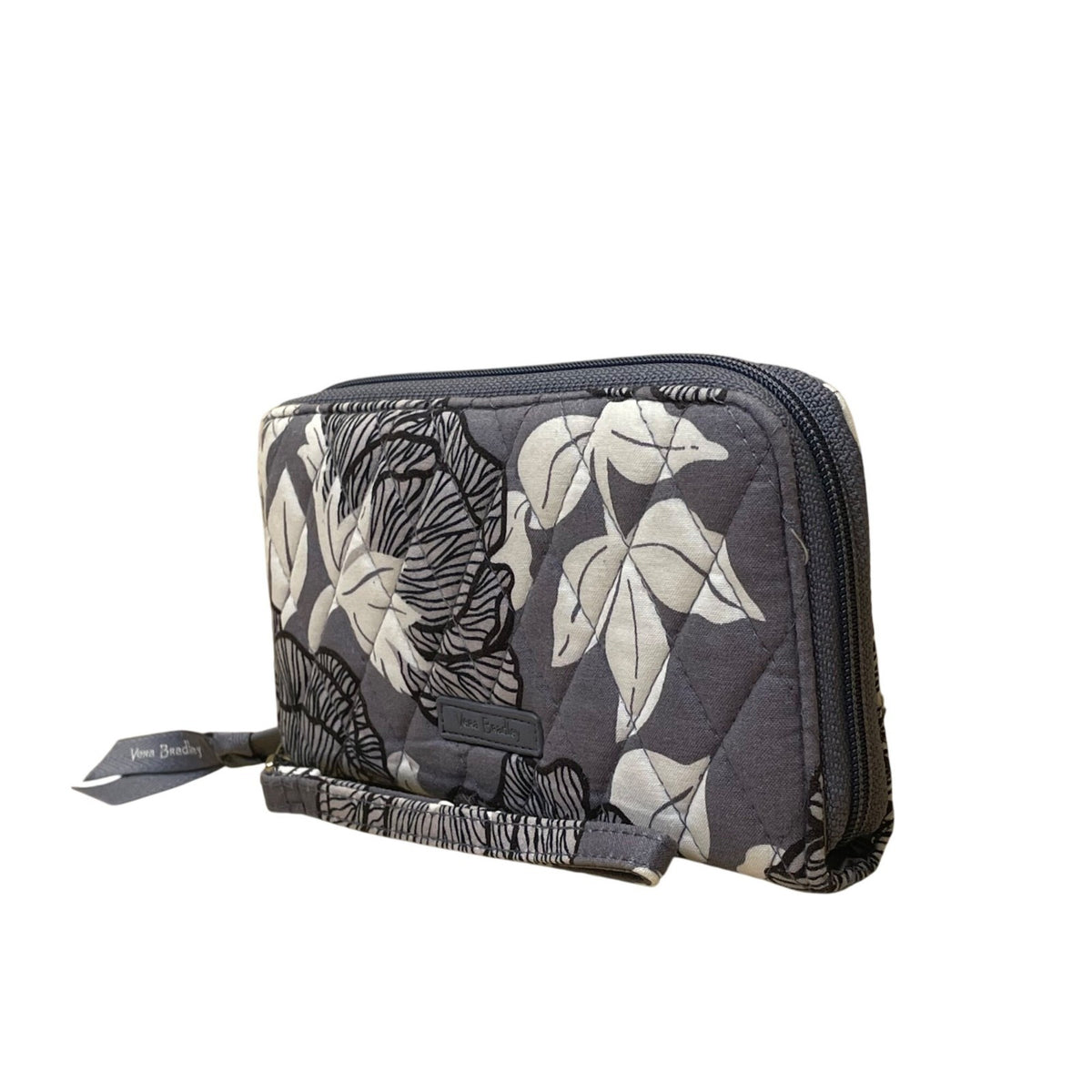 Vera Bradley Women’s Gray Floral Cotton RFID Quilted Zip Around Wristlet Wallet