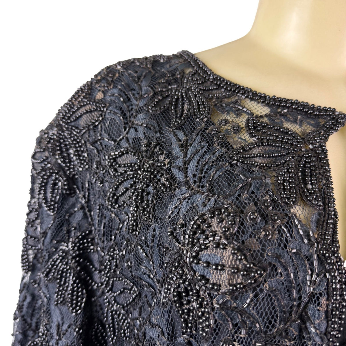 Sténay Womens Black Silk Beaded Evening Gown With Sheer Jacket  Elegant Size 20