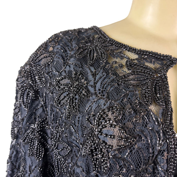 Sténay Womens Black Silk Beaded Evening Gown With Sheer Jacket  Elegant Size 20