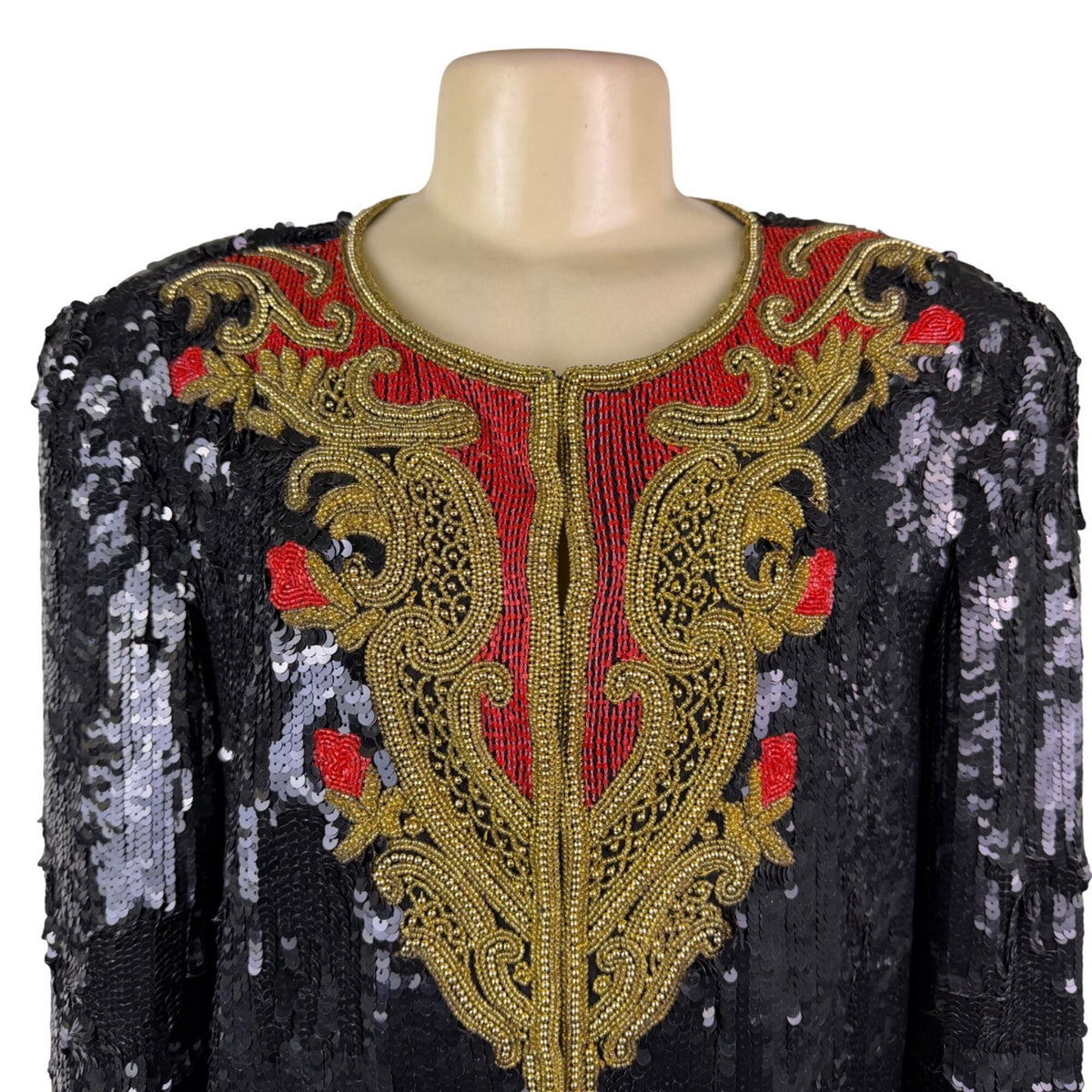 Marie Ellyse Womens Black Sequin & Gold Embellished Silk Cropped Jacket Size L