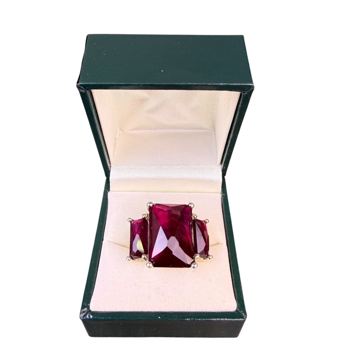Simulated Womens Three-Stone Ring Emerald-Cut Red Stones Sz 7