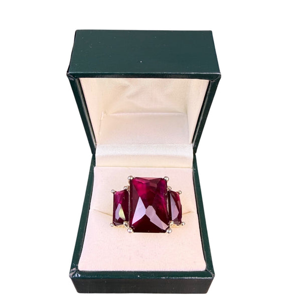Simulated Womens Three-Stone Ring Emerald-Cut Red Stones Sz 7