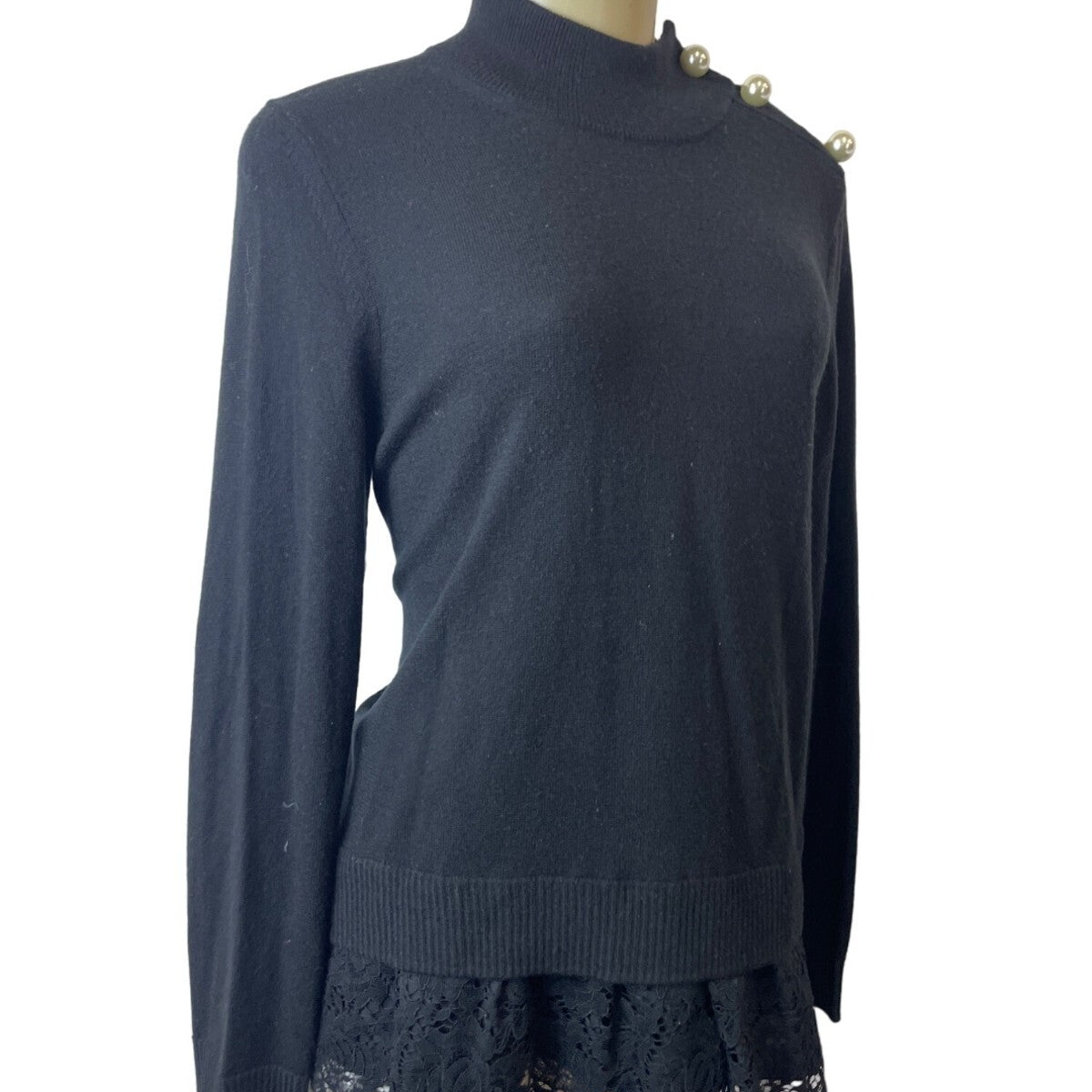 Kate Spade Broome Street Black Sweater With Lace Hem & Pearl Button Accents Sz M