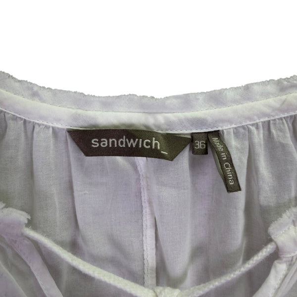 Sandwich Womens White Cotton Boho Blouse Lightweight Drawstring 3/4 Sleeve S 36