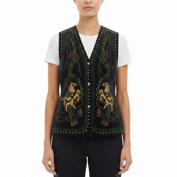 Rose Fashion Womens Black Embroidered Sleeveless Vest Chain Horse Design Sz M