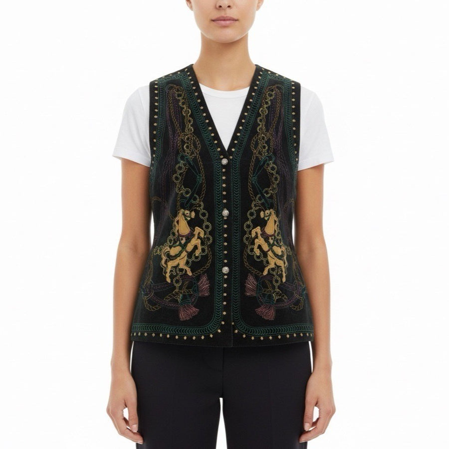Rose Fashion Womens Black Embroidered Sleeveless Vest Chain Horse Design Sz M
