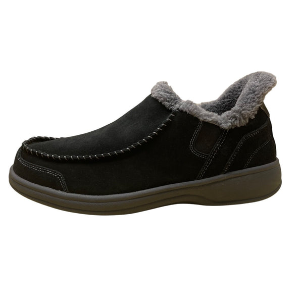 Orthofeet Men’s Black Leather With Faux Fur Lining Slip-On Slippers Size 12 Wide