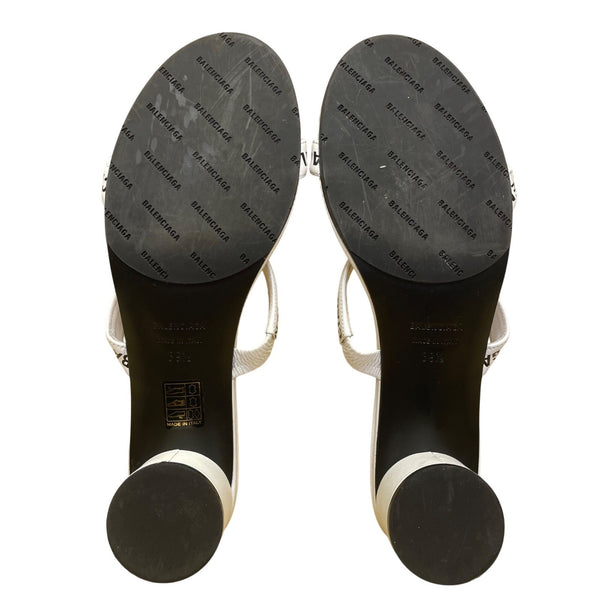 Balenciaga Women’s White Leather Logo Embossed Mid-Heel Slide Sandals Sz EU39.5
