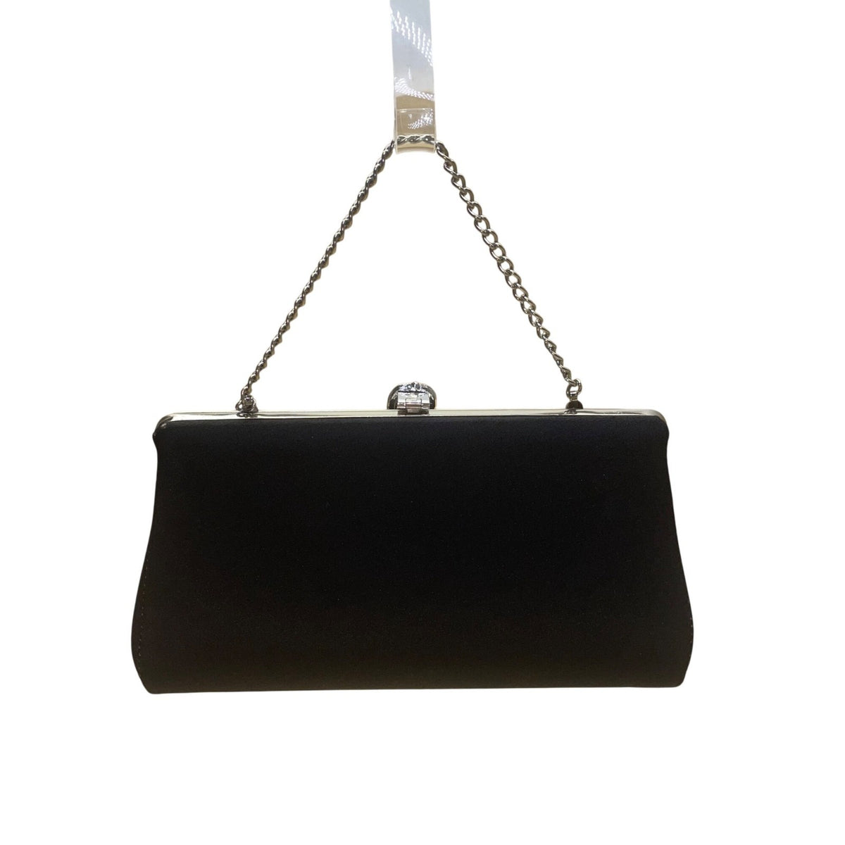 Black Satin Chain Handle With Silver Rhinestone Leaf Closure Evening Clutch