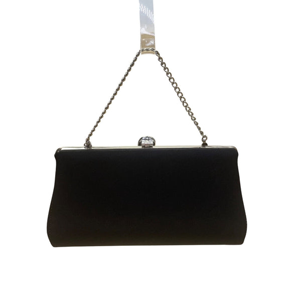 Black Satin Chain Handle With Silver Rhinestone Leaf Closure Evening Clutch