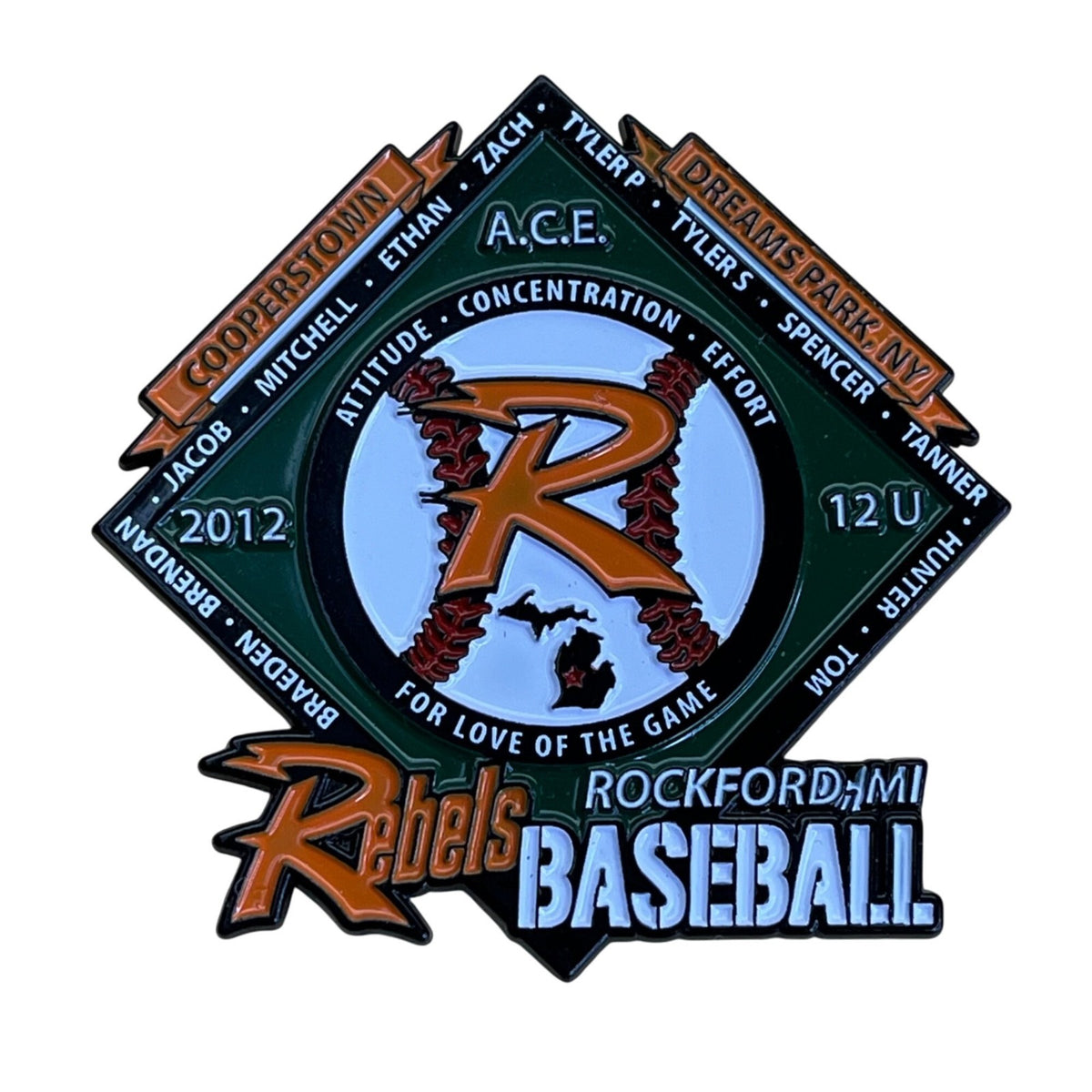 Rebels Rockford MI Baseball Pin Cooperstown Dreams Park 2012 A.C.E. 12U