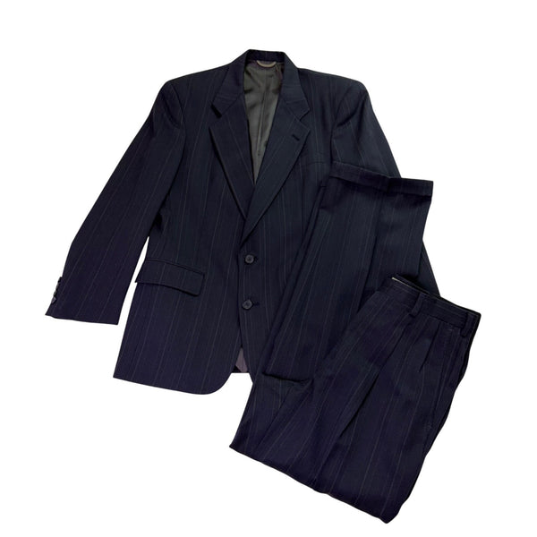 Christian Mens Navy Virgin Wool Pinstripe Suit Jacket & Pants Two Piece Set