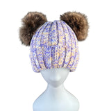 Simplicity Womens Lavender/Beige Knit Hat With Faux Fur Pom-Poms Warm Winter