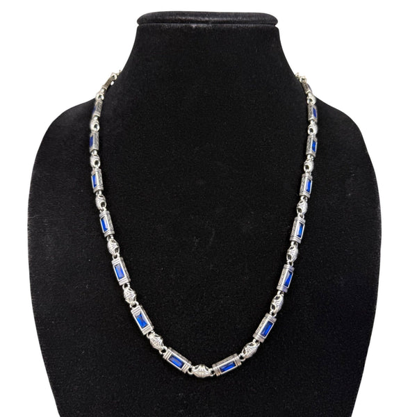 Sterling Silver Tone Womens Blue Gemstone Necklace Ornate Link Design
