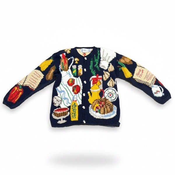 The Eagles Eye Womens Navy Food-Themed Cardigan Large Vibrant Graphics