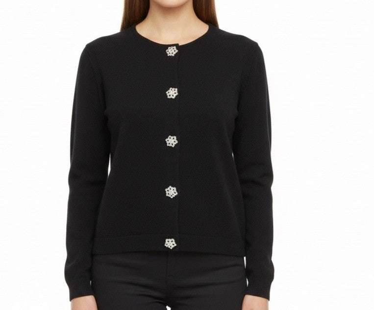 Talbots Women’s Black Merino Wool Cardigan With Embellished Buttons Sz P