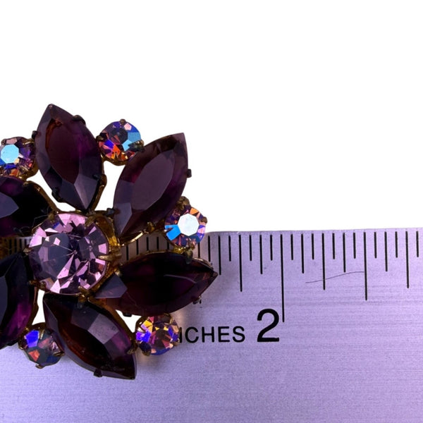 Vintage Floral Rhinestone Brooch Floral Design Iridescent & Amethyst Gold Tone