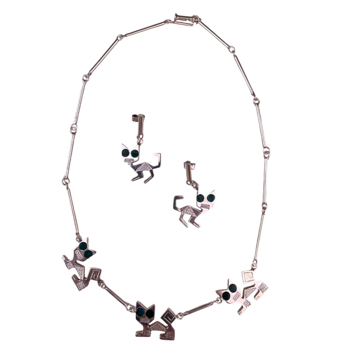 Sterling Silver Womens Necklace & Earrings Set Stylized Cats Green Stone Inlays