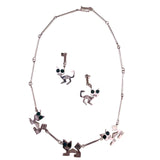 Sterling Silver Womens Necklace & Earrings Set Stylized Cats Green Stone Inlays