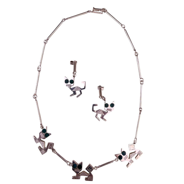 Sterling Silver Womens Necklace & Earrings Set Stylized Cats Green Stone Inlays