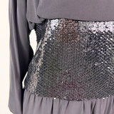 Vintage Mignon Womens Black Sequin Cinched Waist Long Sleeve Dress M