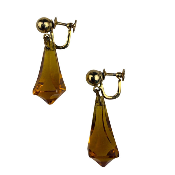 Vintage Gold Tone Amber Crystal Drop Earrings Screw Back Retro Style