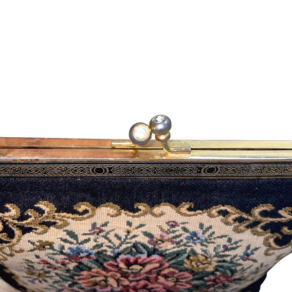 Vintage Women’s Black Floral Embroidered Gold Frame & Chain Strap Purse Handbag