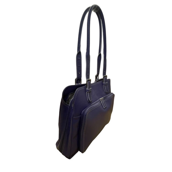 Levenger Women’s Purple Leather Double Strap Buckle Detail Zip Pocket Tote Bag