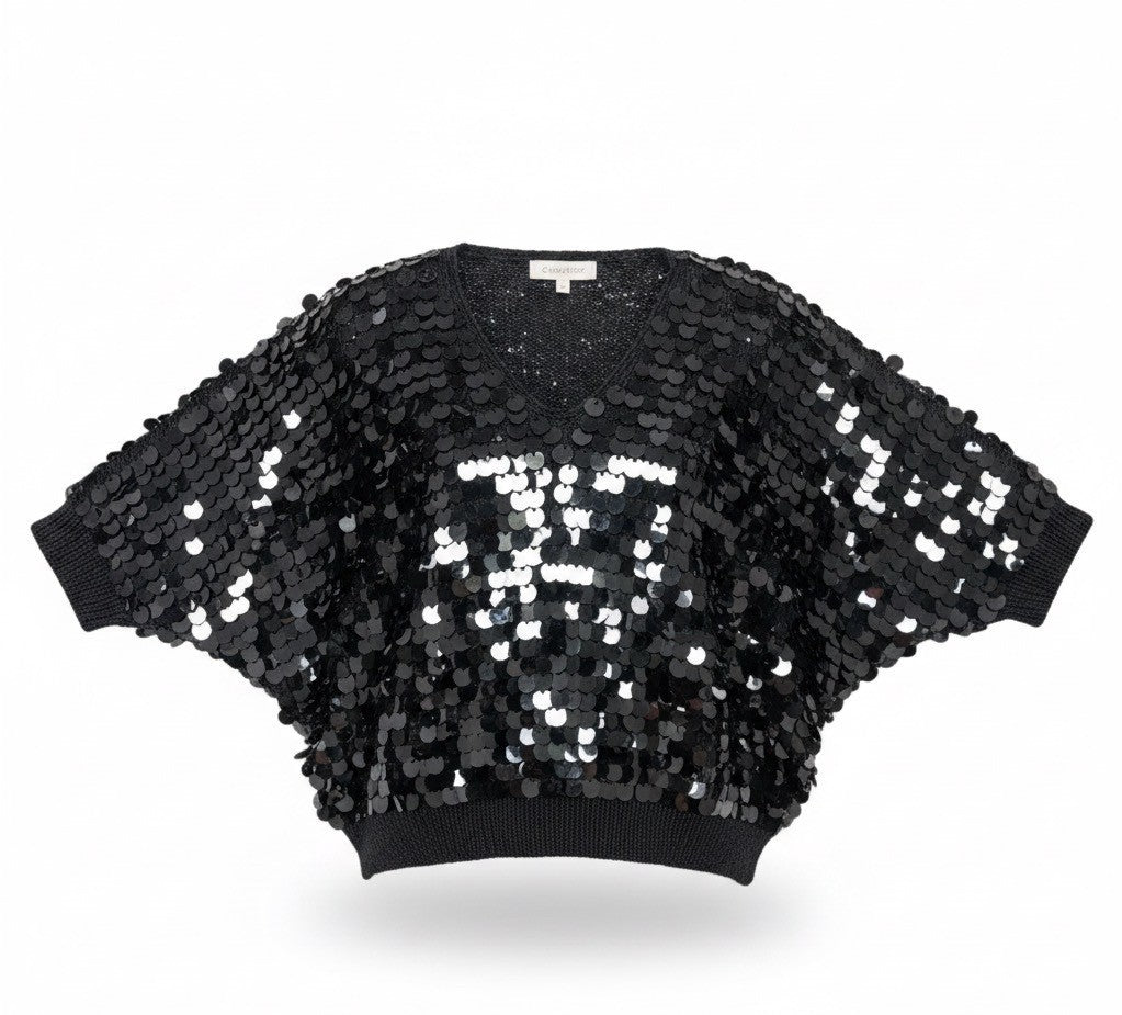Black Sequin Women’s Cropped Batwing Sweater Top One Size Adjustable Fit