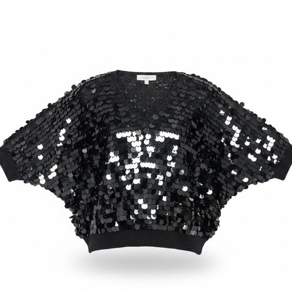 Black Sequin Women’s Cropped Batwing Sweater Top One Size Adjustable Fit