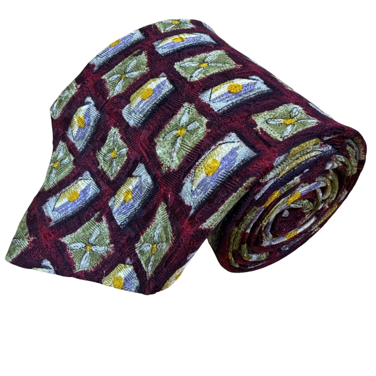 Robert Talbott Mens Burgundy Silk Floral & Geometric Print Tie Hand-Sewn USA