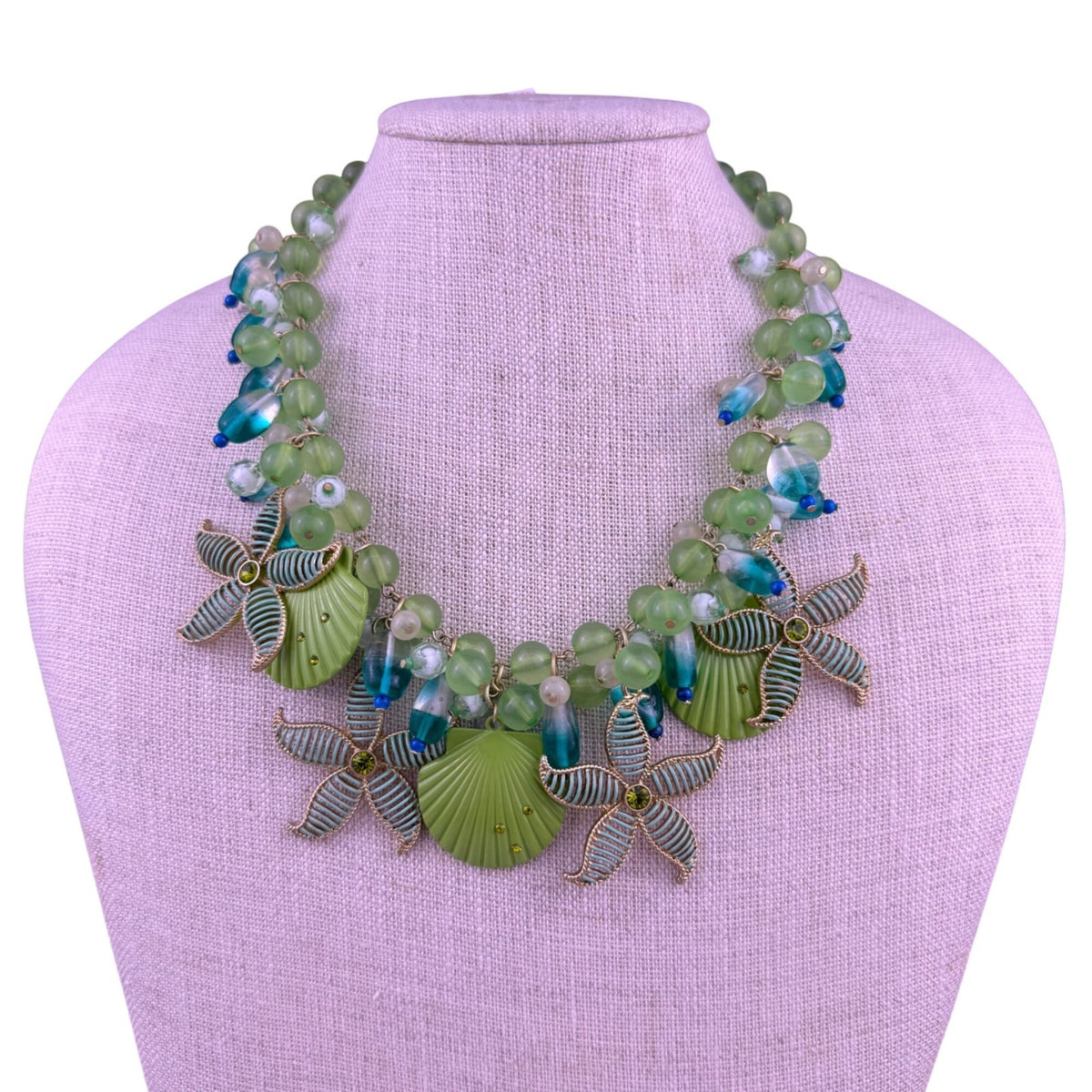 Chicos Womens Green Multicolor Beaded Seashell Starfish Statement Necklace