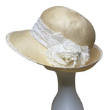 TinaLuxe Womens Beige Lace Wide Brim Cloche Hat White Lace Band Flower Accent OS