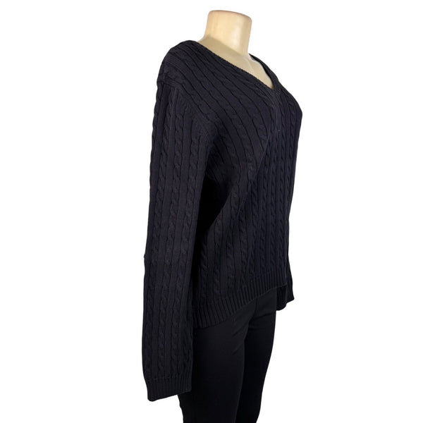 Lauren Ralph Lauren Womens Black Cotton Cable Knit V-Neck Sweater Sz XL