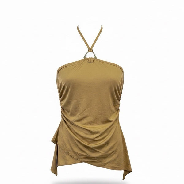 Edikted Womens Tan Polyester & Spandex Halter Top Ruched Asymmetrical Hem Size S