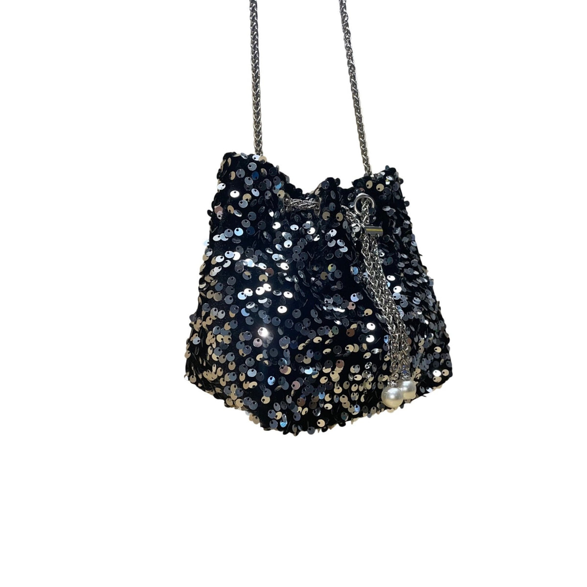 Women’s Black & Silver Sequined With Drawstring Chain Strap Purse