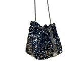 Women’s Black & Silver Sequined With Drawstring Chain Strap Purse