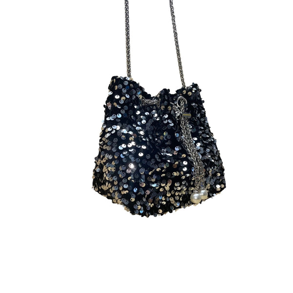 Women’s Black & Silver Sequined With Drawstring Chain Strap Purse