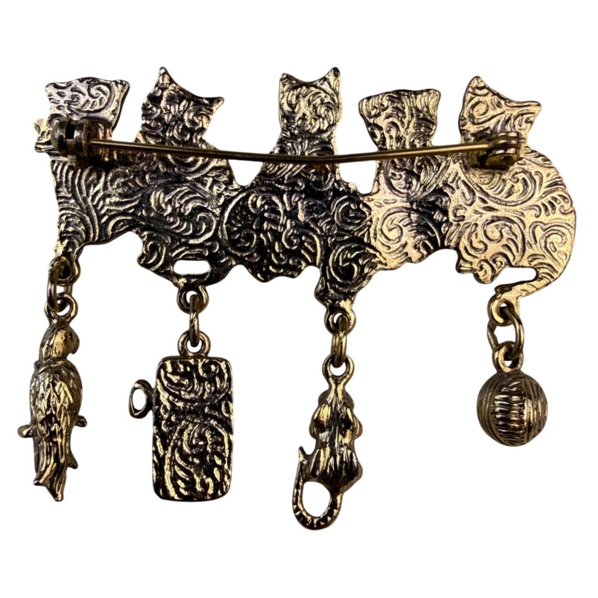 Vintage Womens Gold Tone Metal Cat Brooch With Dangling Charms