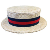 Straw Mens Natural Woven Boater Hat With Black & Red Ribbon Band Made In Italy
