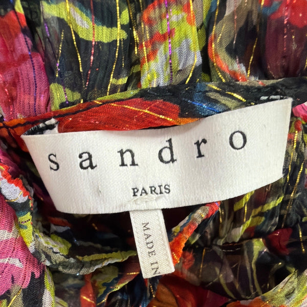 Sandro Womens Black Floral Print Sheer Blouse With Ruffled Details Size 1