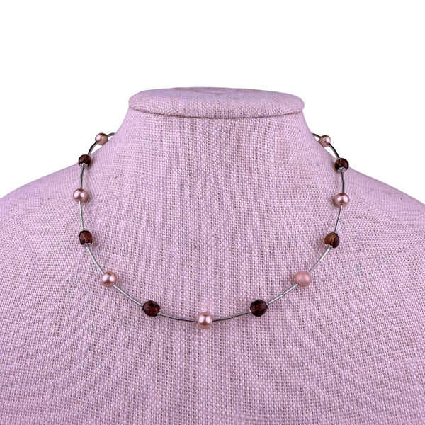 Lia Sophia Womens Brown & Pink Beaded Necklace & Earrings Set Glass & Metal Jewe