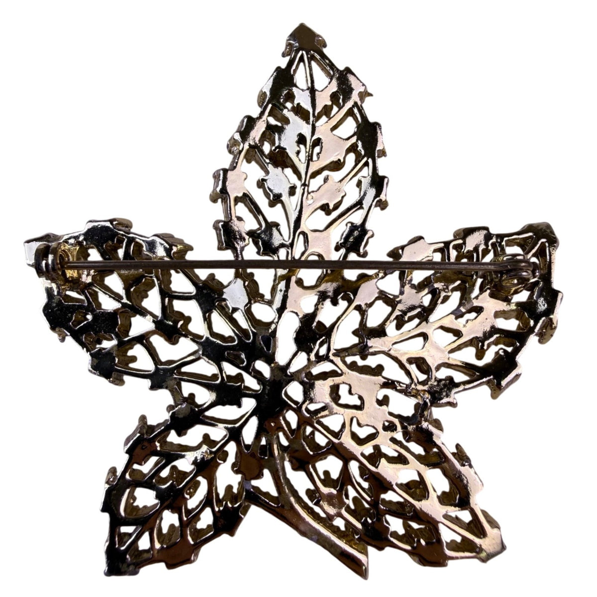 Red Orange Rhinestone Maple Leaf Brooch With Pin Gold Tone Statement Jewelry